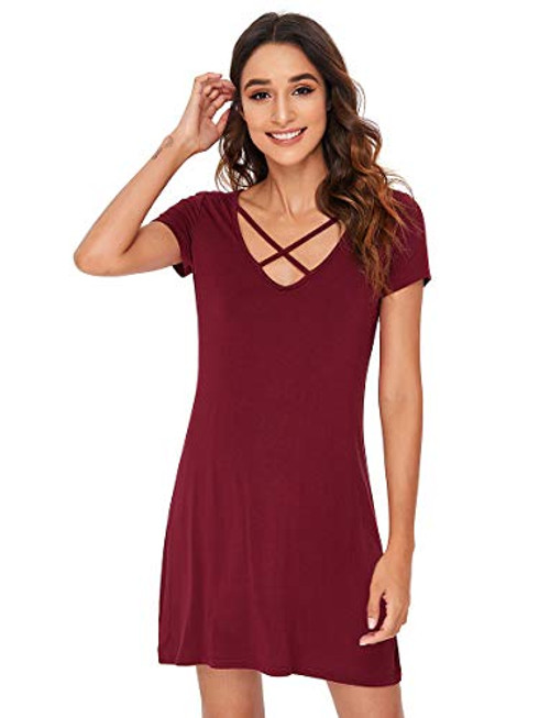Romwe Women's Summer Short Sleeve Loose Tunic Casual T-Shirt Dress Burgundy L