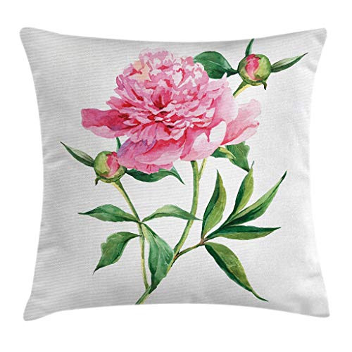 Ambesonne Watercolor Flower Throw Pillow Cushion Cover, Vintage Peony Painting Botanical Spring Garden Flower Nature Theme, Decorative Square Accent Pillow Case, 16 X 16 Inches, Pink White Green