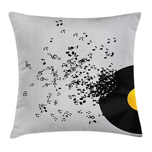 Ambesonne Music Decor Throw Pillow Cushion Cover, Abstract Music Illustration Flying Music Notes Disc Album Dancing Nightclub, Decorative Square Accent Pillow Case, 16 X 16 Inches, Black and Grey