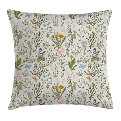 Ambesonne Floral Throw Pillow Cushion Cover, Vintage Garden Plants with Herbs Flowers Botanical Classic Design, Decorative Square Accent Pillow Case, 16 X 16 Inches, Beige Reseda Green Pink Blue
