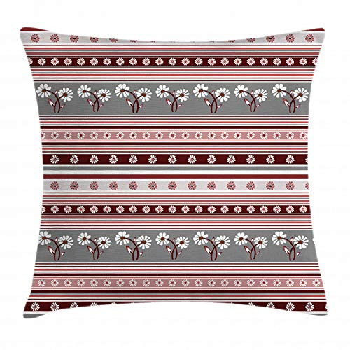 Ambesonne Floral Throw Pillow Cushion Cover, Various Spring Flower Motifs on Striped Background Geometric Illustration, Decorative Square Accent Pillow Case, 16 X 16 Inches, Grey Pink Burgundy