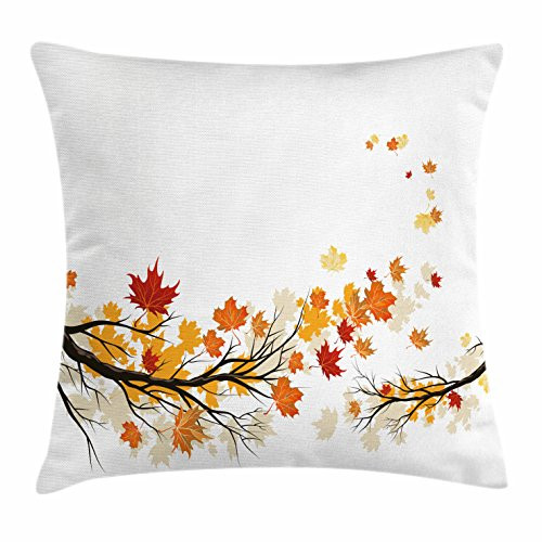 Ambesonne Fall Throw Pillow Cushion Cover, Swirling Bended Fall Tree Branches with Colored Leaves Pastoral Season Theme, Decorative Square Accent Pillow Case, 16 X 16 Inches, Marigold Dark Orange