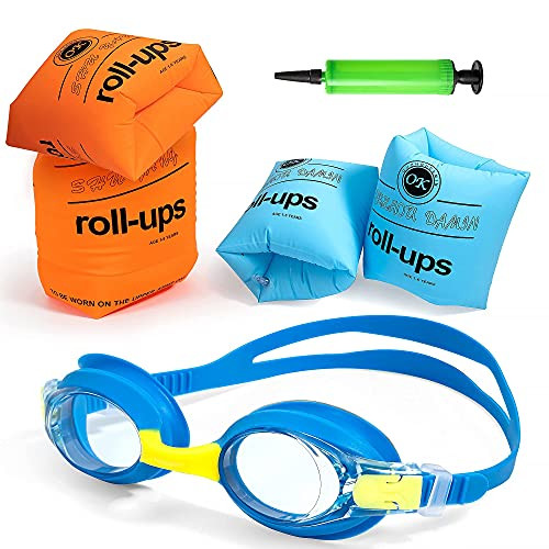 Arm Floaties for Kids 4 Pack Swim Trainer Floaties with Anti-Fog and Leak-Proof Kid's Swimming Goggles and InflatorPVC Arm Floaties Inflatable Swim Arm Bands Floater Sleeves Swimming Rings