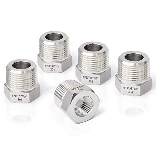 Taisher 5PCS Forging of 304 Stainless Steel Reducer Hex Bushing 1" Male NPT to 3-4" Female NPT Reducing Cast Pipe Adapter Fitting
