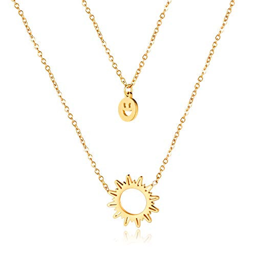 Rockyu Gold Layered Necklaces for Women Flaming Sun Smiley Face Pendant Stainless Steel Smile Face Pendant Statement Party Chain 14 Inch Jewelry for Friends Birthday Gift