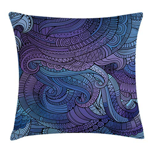 Ambesonne Abstract Throw Pillow Cushion Cover, Ocean Inspired Graphic Arabesque Paisley Swirled Hand Drawn Ethnic Artwork Print, Decorative Square Accent Pillow Case, 16 X 16 Inches, Purple Blue