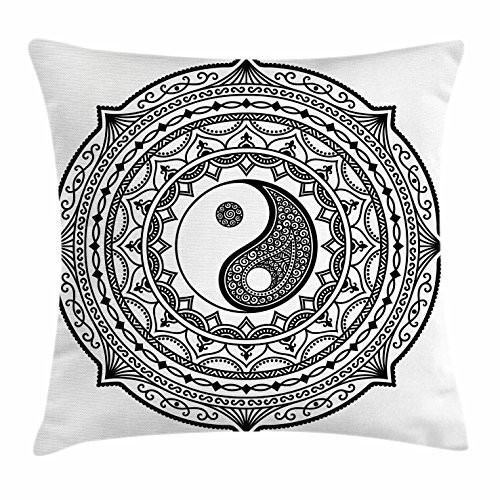 Ambesonne Ying Yang Decor Throw Pillow Cushion Cover, Mandala Pattern Yin Yang Sign Made with Paisley Motif Karma Cosmos Image, Decorative Square Accent Pillow Case, 16 X 16 Inches, Black White