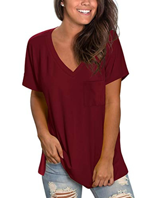 Womens V Neck T Shirts Loose Fitting Casual Tee Tops Short Sleeve Summer Tshirt Burgundy Womens V Neck T Shirts Loose Fitting Casual Tee Tops Short Sleeve Summer Tshirt Burgundy