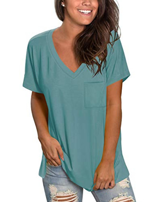 NSQTBA Shirts for Women Casual Summer V Neck Short Sleeve Basic Tops Green Blue L NSQTBA Shirts for Women Casual Summer V Neck Short Sleeve Basic Tops Green Blue L