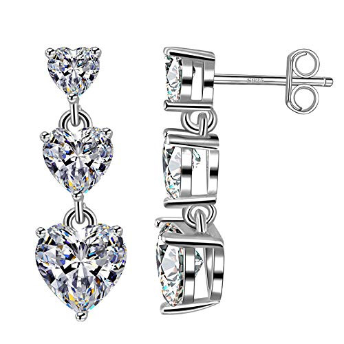 Dangle Stud Earrings for Women 18k White Gold Plated 925 Sterling Silver Ear Stud with 5A Cubic Zirconia Jewelry -White Gold-3 Heart- Dangle Stud Earrings for Women 18k White Gold Plated 925 Sterling Silver Ear Stud with 5A Cubic Zirconia Jewelry -White Gold-3 Heart-