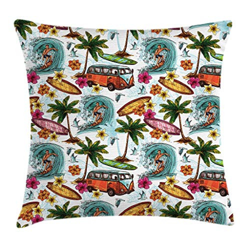 Ambesonne Ocean Decor Throw Pillow Cushion Cover, Hawaiian Decor Surfer on Wavy Deep Sea Retro Palms Flowers Surf Boards Print, Decorative Square Accent Pillow Case, 16 X 16 Inches, Multicolor