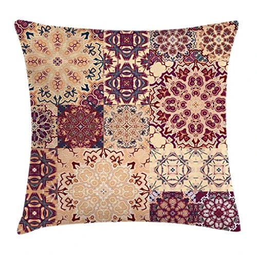 Ambesonne Vintage Throw Pillow Cushion Cover, Antique Traditional Ceramic Tiles Ornamental Moroccan Arabesque Image Print, Decorative Square Accent Pillow Case, 16 X 16 Inches, Dried Rose Ivory