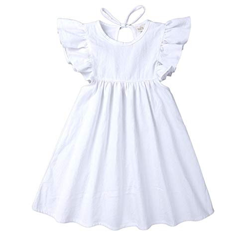 Toddler Baby Girl Dress Summer Cotton Linen Ruffle Halter Sleeveless Kids Casual Beach Party Dresses 2-7 Years -White 4-Years-