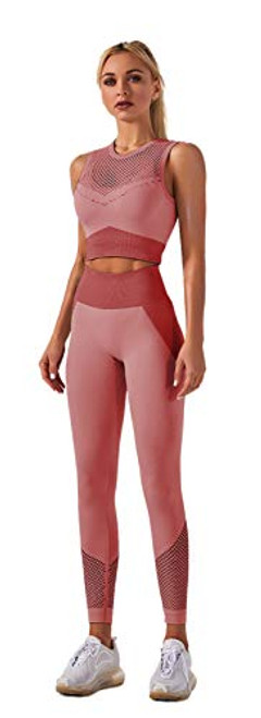 Women's 2 Piece Tracksuit Workout Outfits - Seamless High Waist Legging and Sleeveless Crop Top Yoga Activewear Set -A. Red L-