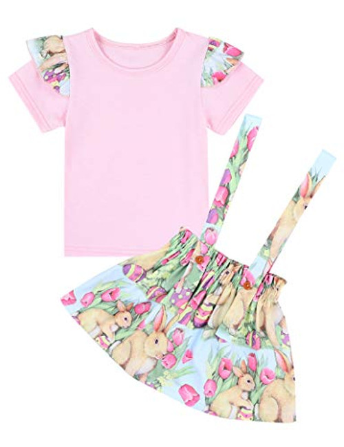 Toddler Baby Girl Easter Outfit Ruffle Short Sleeve T Shirt Tops  plus Rabbit Print Suspender Skirt 18-24 Months