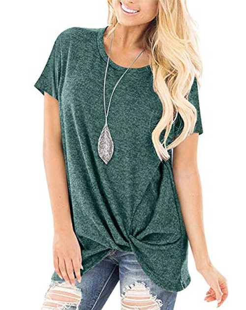 onlypuff Knotted Shirts for Women Green Short Sleeve Side Twist Top Solid Loose Fit L