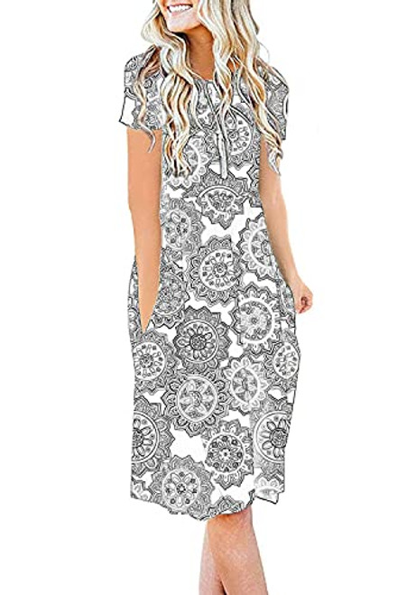 DB MOON Women Summer Casual Short Sleeve Dresses Empire Waist Dress with Pockets -Round Flower 2XL- DB MOON Women Summer Casual Short Sleeve Dresses Empire Waist Dress with Pockets -Round Flower 2XL-