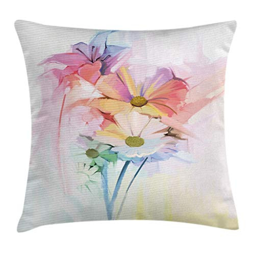 Ambesonne Watercolor Flower Home Decor Throw Pillow Cushion Cover by, Daisy Bouquet with Hazy Psychedelic Effects Foliage Lily Symbol, Decorative Square Accent Pillow Case, 16 X 16 Inches, Multi