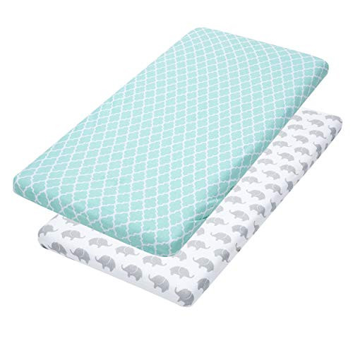 Leakproof Bassinet Sheets, 2 Pack Mint & Elephants Fitted Soft Jersey Cotton Cover