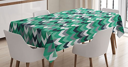 Ambesonne Chevron Tablecloth, Arrow Symmetric Zig Zag Lines in Mix Featured Abstract Image, Dining Room Kitchen Rectangular Table Cover, 60 W X 84 L Inches, Dimgrey Forest Green Seafoam