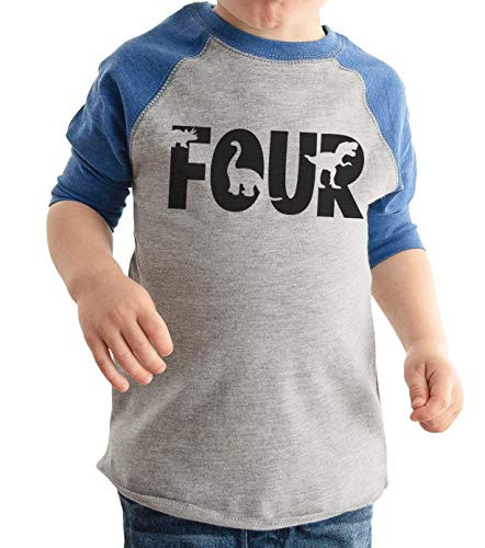 7 ate 9 Apparel Kid's Four 4 Fourth 4th Dinosaur Birthday Dino Blue Raglan Tee 5T