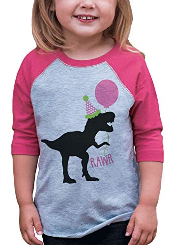 7 ate 9 Apparel Youth Dinosaur Birthday Pink Baseball Tee Medium