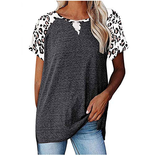 Women Tops Sexy O-Neck Casual T-Shirt Leopard Patchwork Short Sleeve Blouse Loose Striped T Shirt Gray