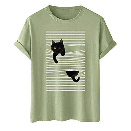 Lenago Women's Casual T-Shirt Cute Stripe 3D Cat Print Tee Shirt O-Neck Short Sleeve Blouse Tops Loose Comfy Pullover Tops -XLGreen-