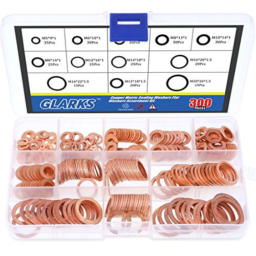 Glarks 300Pcs Metric Flat Ring Copper Sealing Washers Assortment Set - 8 Sizes of M6 M8 M10 M12 M14 M16 M18 M20