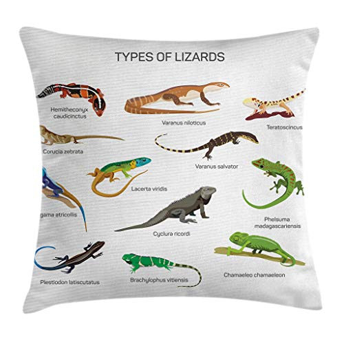 Ambesonne Animal Throw Pillow Cushion Cover, Lizard Family Design on Plain Background Primitive Reptiles Camouflage Exotic Creatures, Decorative Square Accent Pillow Case, 16 X 16 Inches, Multi