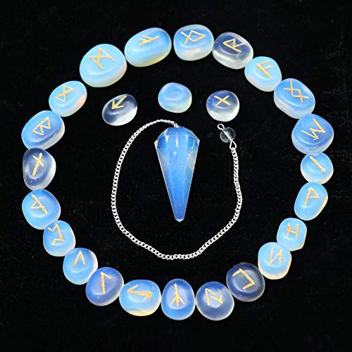 Crocon Opalite Gemstone Engraved Rune Stones Set -25 Pcs- with Elder Futhark Alphabets  and  1 Oplaite Pendulum  Size- 15-20 mm