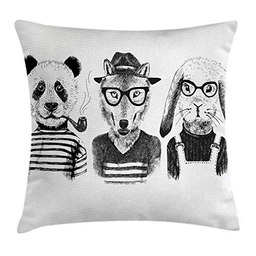 Ambesonne Animal Throw Pillow Cushion Cover, Hipster Panda Bear Cigar Fox and Rabbit Glasses in Human Clothes Illustration, Decorative Square Accent Pillow Case, 16 X 16 Inches, Black Grey White