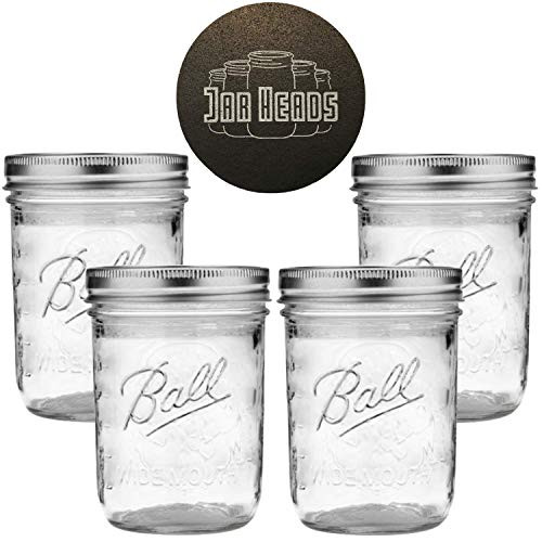 Ball Wide Mouth Mason Jars 16 oz Bundle with Non Slip Jar Opener- Set of 4 Half Quart Mason Jars - Canning Glass Jars with Lids