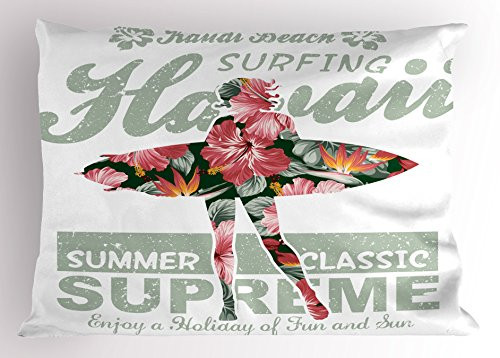 Lunarable Hawaiian Pillow Sham, Tropical Hawaii Hibiscus Surfing Girl Silhouette Surfboard Retro Themed Artprint, Decorative Standard King Size Printed Pillowcase, 36 X 20 Inches, Coral Green
