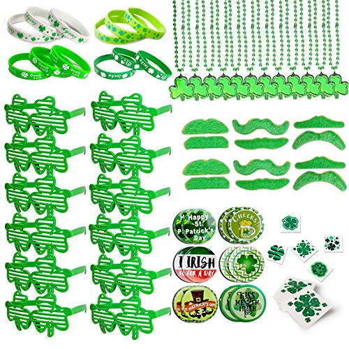 St. Patricks Day Accessories Decorations - 96 Pcs Including Green Shamrock Necklace Glasses Mustaches Rubber Bracelets Temporary Tattoos Irish Saint Patricks Stickers -Green2-