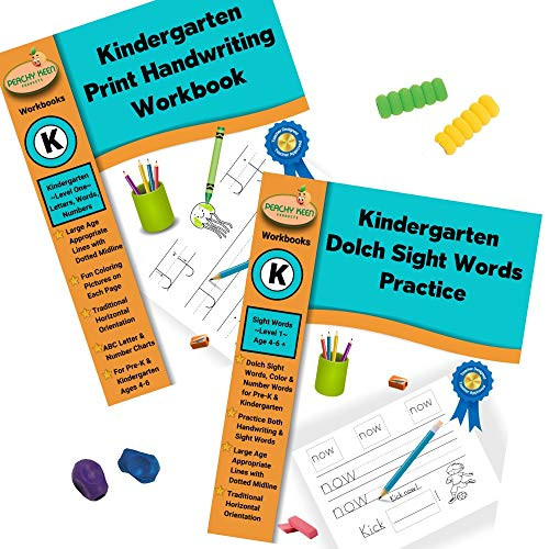 Kindergarten Dolch Sight Word  and  Handwriting Practice Kit with K Print Handwriting Workbook Kindergarten Dolch Sight Words Workbook 2 Training Pencil Grips and 2 Cushion Pencil Grips -K HW  and  SW-