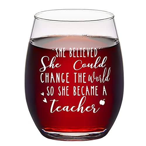 Teacher Gift- She Believed She Could Change the World Stemless Wine Glass Teacher Wine Glass for Teacher Professor Teaching Assistant Gift for Teachers Day Teacher Appreciation Week Birthday 15Oz Teacher Gift- She Believed She Could Change the World Stemless Wine Glass Teacher Wine Glass for Teacher Professor Teaching Assistant Gift for Teachers Day Teacher Appreciation Week Birthday 15Oz