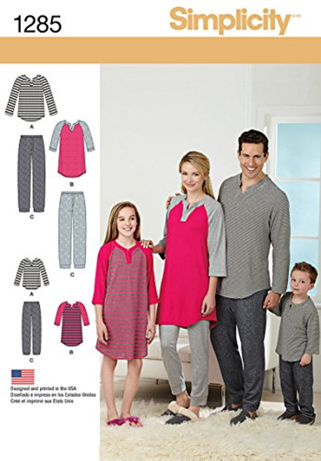 Simplicity US1285A Family Men's Women's and Children's Matching Pajama Sewing Patterns Sizes XS-L and XS-XL