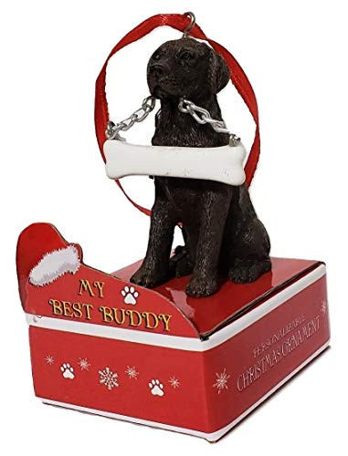 E and S Pets Chocolate Labrador Statue with Bone Christmas Ornament on Red Cardboard Box Base