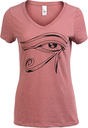Eye of Horus  Ancient Egyptian Amulet Hieroglyph Symbol Spiritual V-Neck T-Shirt Top for Women--VneckL- Dusty Rose