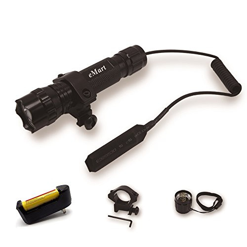 eMart WF-501B XM-L T6 1000 Lumens Riding Bicycle Bike Hunting LED Flashlight Torch Tactical Flash Lights Lamp + Gun Mount + Remote Pressure Switch + 1 x 18650 Battery + Charger (White Light)