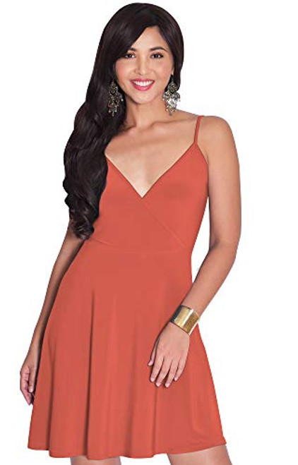 KOH KOH Petite Womens Sexy Spaghetti Strap Deep V-Neck Backless Casual Holiday Summer Sun Sundress Cocktail Party Club Mini Short Skater Dress Dresses Sundresses Coral Pink Peach S 4-6