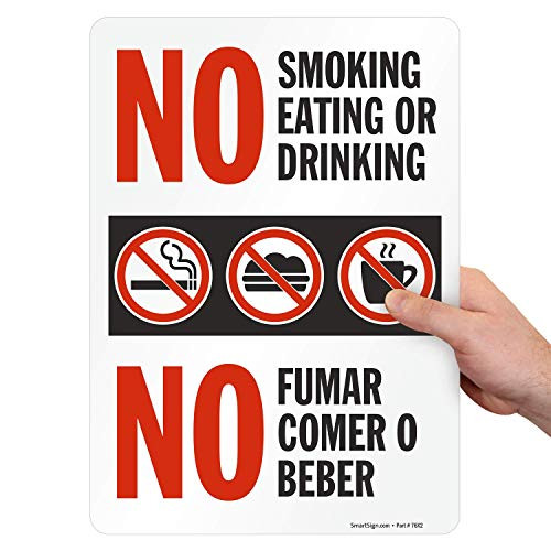 SmartSign Bilingual No Smoking No Eating or Drinking Label-Sticker 14" x 10" Vinyl Spanish and English No Fumar Comer O Beber Sign Label Adhesive Backing