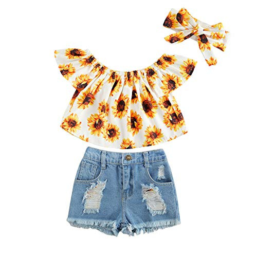 Little Toddler Baby Girl Sunflower Short Sleeve T-Shirt Crop Tops Ripped Denim Shorts Jeans Pants Summer Outfits -Yellow Denim 2-3 Years-