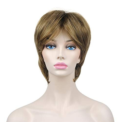 Onemily Short Layered Shaggy Wavy Synthetic Wigs with Bangs for Women Girls Light Reddish Brown with Blonde Highlights