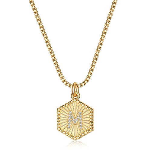 Gold Initial Pendant Necklaces for Women 14K Gold Plated Dainty Letter M Initial Pendant Hexagon Necklace for Women Teen Girls Initial Charm Necklace Gold Jewelry Mothers Day Valentines Gifts