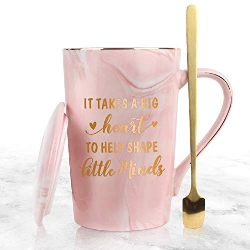 WHATCHA It Takes A Big Heart to Help Shape Little Minds Coffee Mug Tea Cup - Birthday Appreciation Gifts for Teacher Women - 14oz Gold Pink Ceramic
