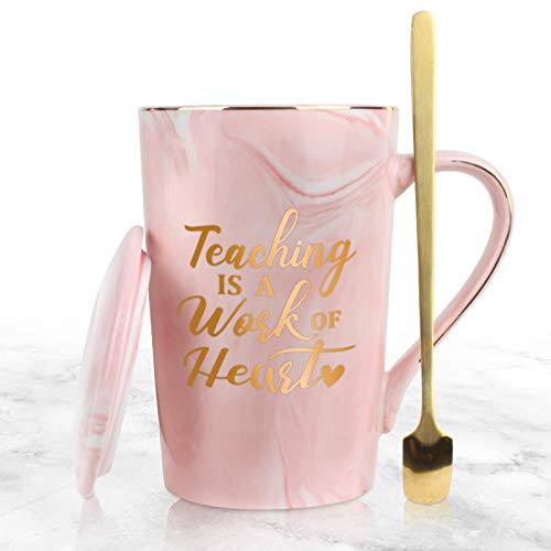 WHATCHA Teaching is A Work of Heart Coffee Mug Tea Cup - Birthday Appreciation Gifts for Teacher Women - 14oz Gold Pink Ceramic