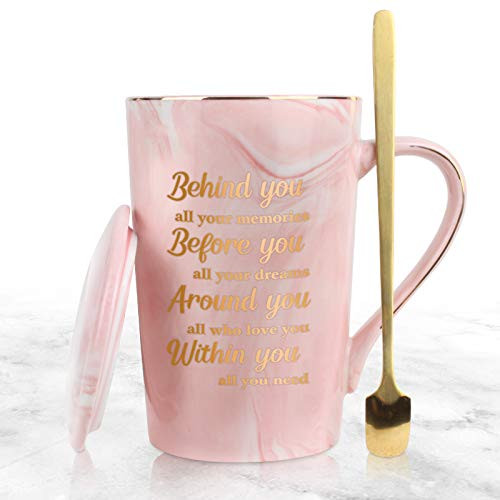 WHATCHA Behind You All Your Memories Coffee Mug Tea Cup - Inspirational Graduation Gifts for Her Women - 14oz Gold Pink Ceramic