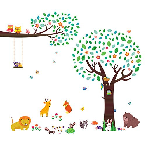 Decowall DM-1312P1410 Large Tree with Animal Friends and Branch with Owls Kids Wall Decals Wall Stickers Peel and Stick Removable Wall Stickers for Kids Nursery Bedroom Living Room